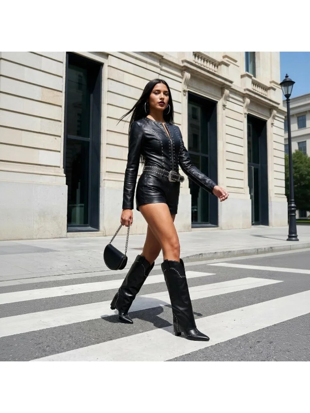 Women's Black Stud Pointed Toe Chunky Heel Faux Leather Over The Knee High Boots
